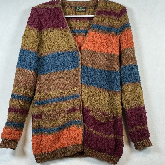 Sweaters - Vintage 70's Chego Deep Colorful Stripe Crochet Chunky Knit Cardigan Size S